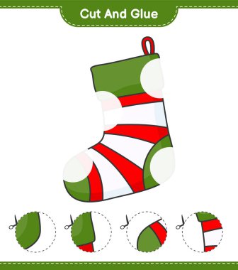 Kes ve yapıştır, Noel çorabının parçalarını kes ve yapıştır. Eğitimsel çocuk oyunu, yazdırılabilir çalışma tablosu, vektör illüstrasyonu