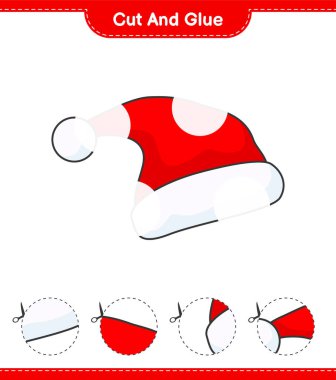 Kes ve yapıştır, Santa Hat 'ın parçalarını kes ve yapıştır. Eğitimsel çocuk oyunu, yazdırılabilir çalışma tablosu, vektör illüstrasyonu