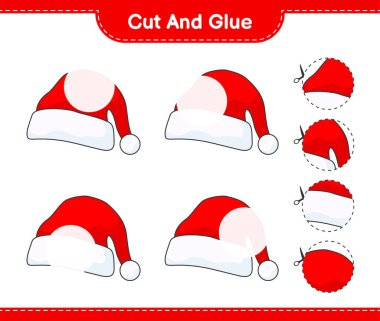 Kes ve yapıştır, Santa Hat 'ın parçalarını kes ve yapıştır. Eğitimsel çocuk oyunu, yazdırılabilir çalışma tablosu, vektör illüstrasyonu