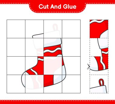 Kes ve yapıştır, Noel çorabının parçalarını kes ve yapıştır. Eğitimsel çocuk oyunu, yazdırılabilir çalışma tablosu, vektör illüstrasyonu