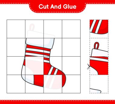 Kes ve yapıştır, Noel çorabının parçalarını kes ve yapıştır. Eğitimsel çocuk oyunu, yazdırılabilir çalışma tablosu, vektör illüstrasyonu