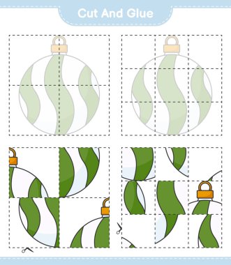 Kes ve yapıştır, Noel balosunun parçalarını kes ve yapıştır. Eğitimsel çocuk oyunu, yazdırılabilir çalışma tablosu, vektör illüstrasyonu