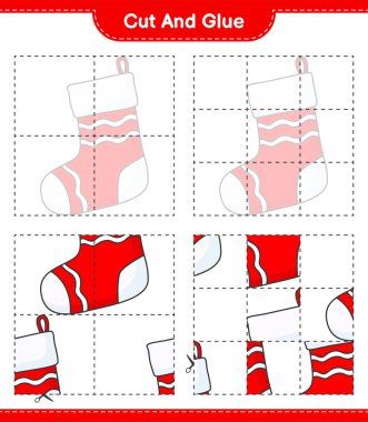 Kes ve yapıştır, Noel çorabının parçalarını kes ve yapıştır. Eğitimsel çocuk oyunu, yazdırılabilir çalışma tablosu, vektör illüstrasyonu