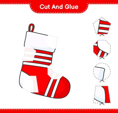 Kes ve yapıştır, Noel çorabının parçalarını kes ve yapıştır. Eğitimsel çocuk oyunu, yazdırılabilir çalışma tablosu, vektör illüstrasyonu