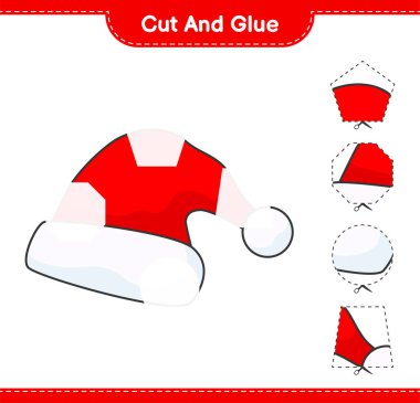 Kes ve yapıştır, Santa Hat 'ın parçalarını kes ve yapıştır. Eğitimsel çocuk oyunu, yazdırılabilir çalışma tablosu, vektör illüstrasyonu