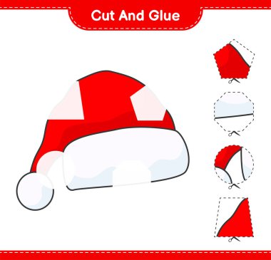 Kes ve yapıştır, Santa Hat 'ın parçalarını kes ve yapıştır. Eğitimsel çocuk oyunu, yazdırılabilir çalışma tablosu, vektör illüstrasyonu