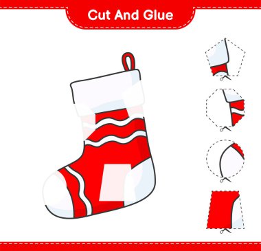 Kes ve yapıştır, Noel çorabının parçalarını kes ve yapıştır. Eğitimsel çocuk oyunu, yazdırılabilir çalışma tablosu, vektör illüstrasyonu