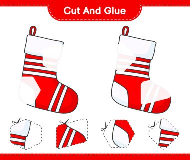 Kes ve yapıştır, Noel çorabının parçalarını kes ve yapıştır. Eğitimsel çocuk oyunu, yazdırılabilir çalışma tablosu, vektör illüstrasyonu