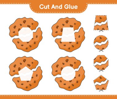 Kes ve yapıştır, Cookie 'nin parçalarını kes ve yapıştır. Eğitimsel çocuk oyunu, yazdırılabilir çalışma tablosu, vektör illüstrasyonu