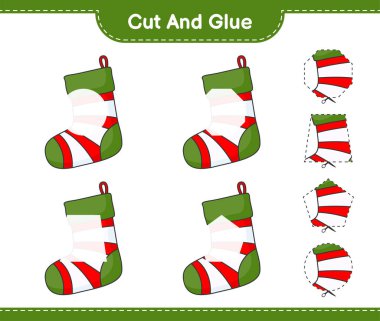 Kes ve yapıştır, Noel çorabının parçalarını kes ve yapıştır. Eğitimsel çocuk oyunu, yazdırılabilir çalışma tablosu, vektör illüstrasyonu