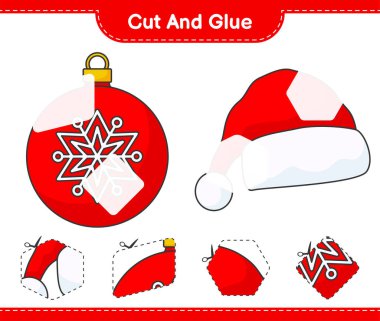Kes ve yapıştır, Noel Balosu 'nun parçalarını kes, Noel Şapkası' na yapıştır ve yapıştır. Eğitimsel çocuk oyunu, yazdırılabilir çalışma tablosu, vektör illüstrasyonu