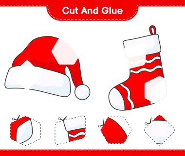 Kes ve yapıştır, Santa Hat 'ın parçalarını kes, Noel çorabını yapıştır ve yapıştır. Eğitimsel çocuk oyunu, yazdırılabilir çalışma tablosu, vektör illüstrasyonu