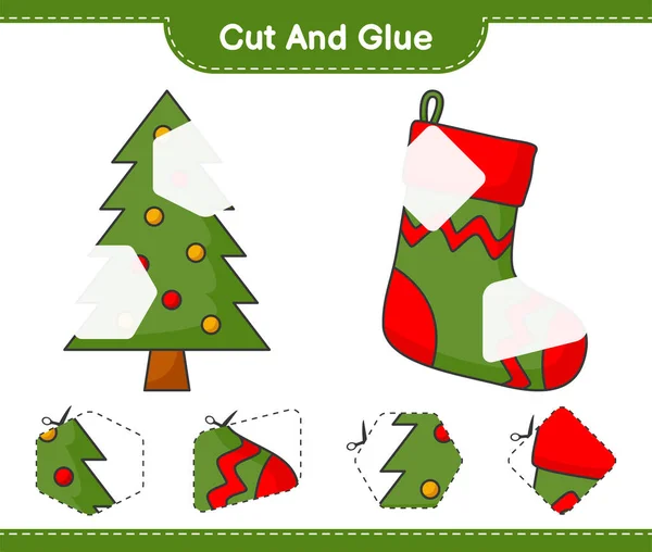 Cortar Pegar Cortar Partes Del Calcetín Navidad Árbol Navidad Pegarlas — Vector de stock