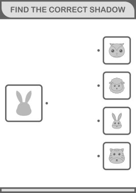 Doğru gölge Tavşan Surat 'ı bul. Çocuklar için çalışma tablosu