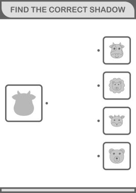 Doğru gölge İnek yüzünü bul. Çocuklar için çalışma tablosu