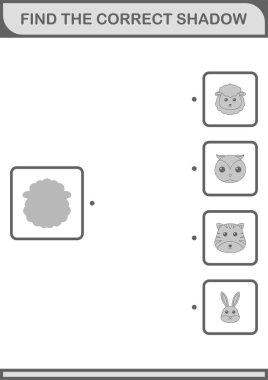 Doğru gölge Koyun yüzünü bul. Çocuklar için çalışma tablosu