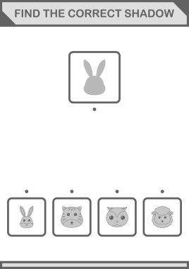 Doğru gölge Tavşan Surat 'ı bul. Çocuklar için çalışma tablosu