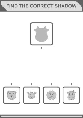 Doğru gölge İnek yüzünü bul. Çocuklar için çalışma tablosu