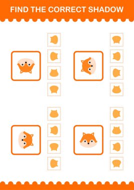 Doğru gölge Tilki yüzünü bul. Çocuklar için çalışma tablosu
