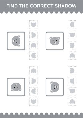 Doğru gölge Koala yüzünü bul. Çocuklar için çalışma tablosu