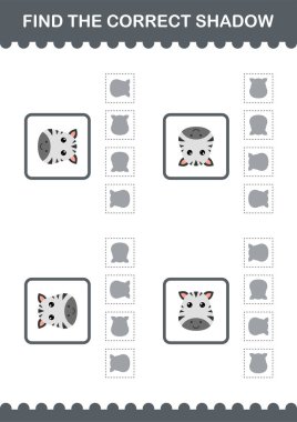 Doğru gölge Zebra yüzünü bul. Çocuklar için çalışma tablosu