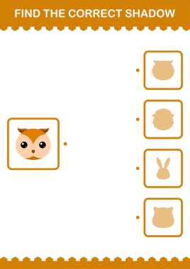 Doğru gölge baykuş yüzünü bul. Çocuklar için çalışma tablosu