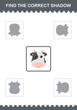 Doğru gölge İnek yüzünü bul. Çocuklar için çalışma tablosu