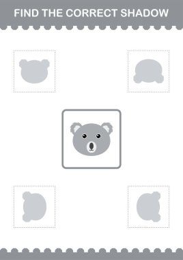 Doğru gölge Koala yüzünü bul. Çocuklar için çalışma tablosu