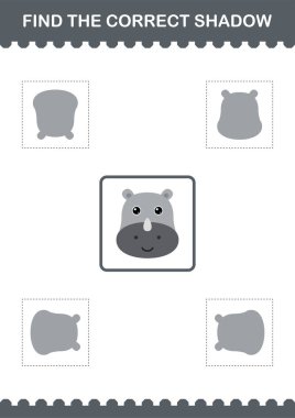 Doğru gölge gergedanın yüzünü bul. Çocuklar için çalışma tablosu