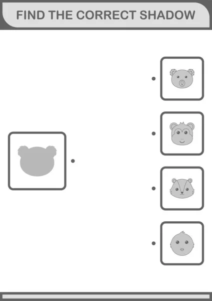 Find Correct Shadow Koala Face Worksheet Kids — Stockvector