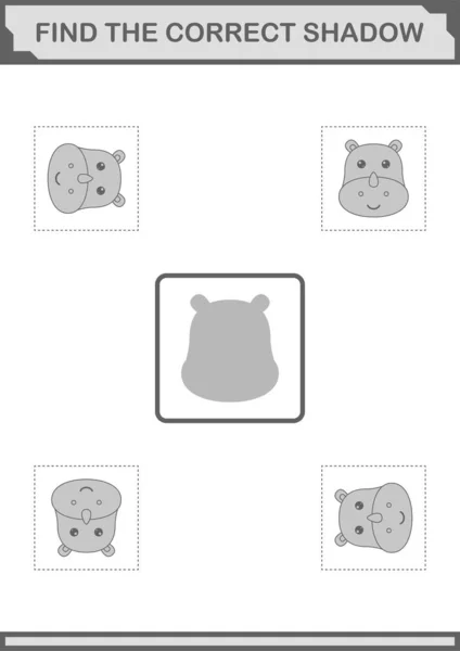 Find Correct Shadow Rhinoceros Face Worksheet Kids — Stockvector