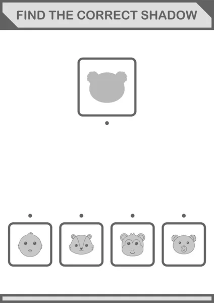 Find Correct Shadow Koala Face Worksheet Kids — Stockvector