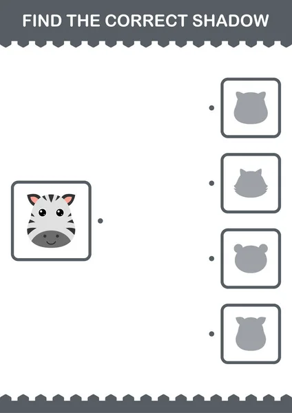 Find Correct Shadow Zebra Face Worksheet Kids — Stockvector
