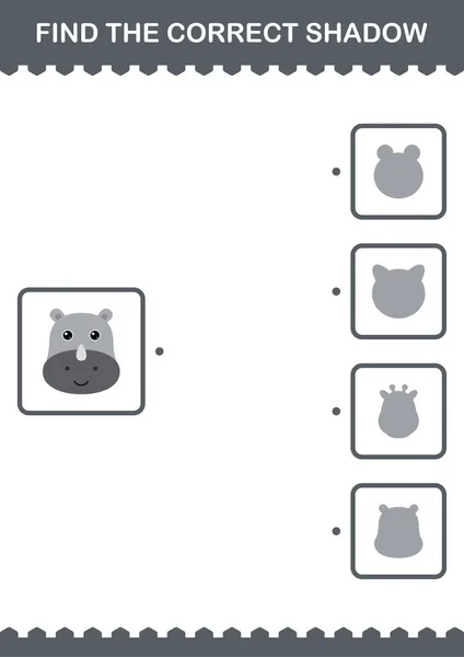Find Correct Shadow Rhinoceros Face Worksheet Kids — Stockvector