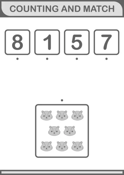 Räknar Och Matchar Skunk Ansikte Kalkylblad För Barn — Stock vektor