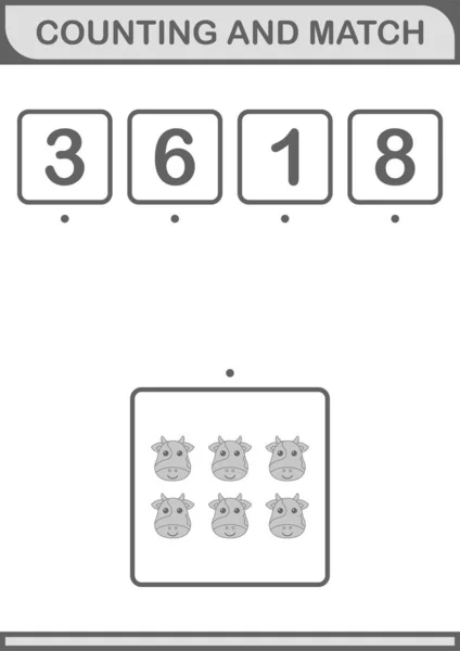 Counting Match Cow Face Worksheet Kids — 스톡 벡터