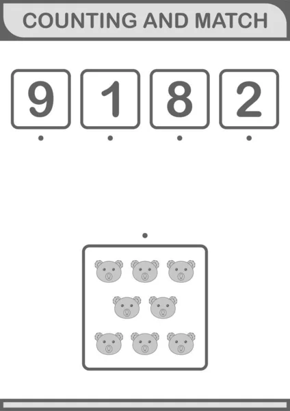 Counting Match Koala Face Worksheet Kids — Stockový vektor