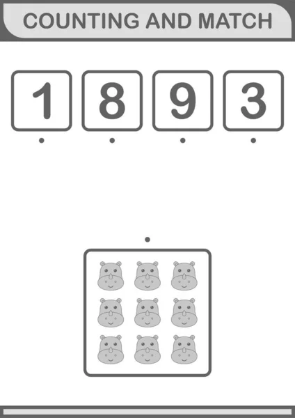 Counting Match Rhinoceros Face Worksheet Kids — стоковый вектор