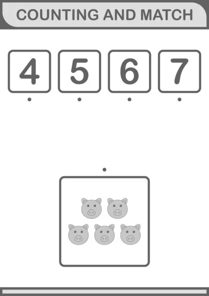 Counting Match Pig Face Worksheet Kids — стоковый вектор