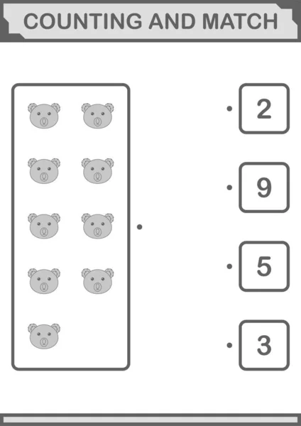 Counting Match Koala Face Worksheet Kids — Stockový vektor