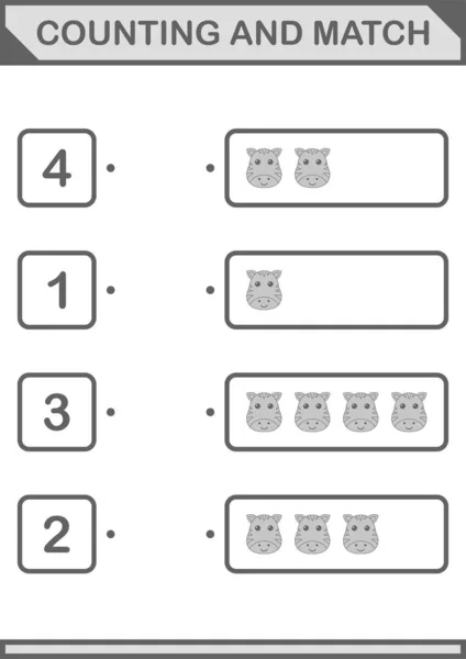 Counting Match Zebra Face Worksheet Kids — 图库矢量图片