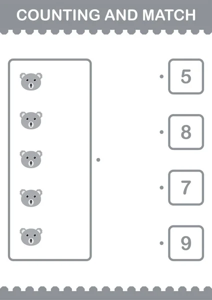 Räknar Och Matchar Koala Ansikte Kalkylblad För Barn — Stock vektor