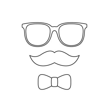 Bıyıklı boyama sayfası, papyon ve çocuklar için gözlük.