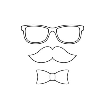 Bıyıklı boyama sayfası, papyon ve çocuklar için gözlük.