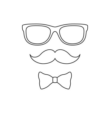 Bıyıklı boyama sayfası, papyon ve çocuklar için gözlük.