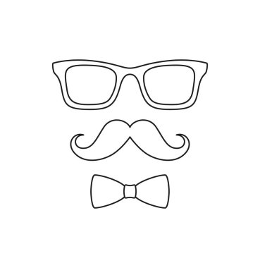 Bıyıklı boyama sayfası, papyon ve çocuklar için gözlük.