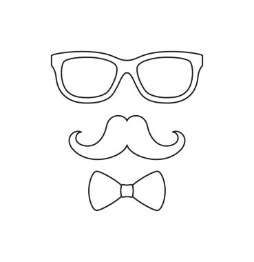 Bıyıklı boyama sayfası, papyon ve çocuklar için gözlük.