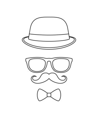 Bıyık, papyon, şapka ve gözlük çocuklar için takip çalışma kâğıdı.