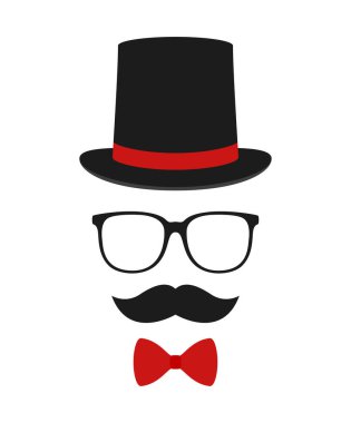 Bıyık, papyon, şapka ve gözlük beyaz arka planda izole edilmiş.