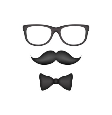 Bıyık, papyon ve beyaz arka planda izole edilmiş gözlük.